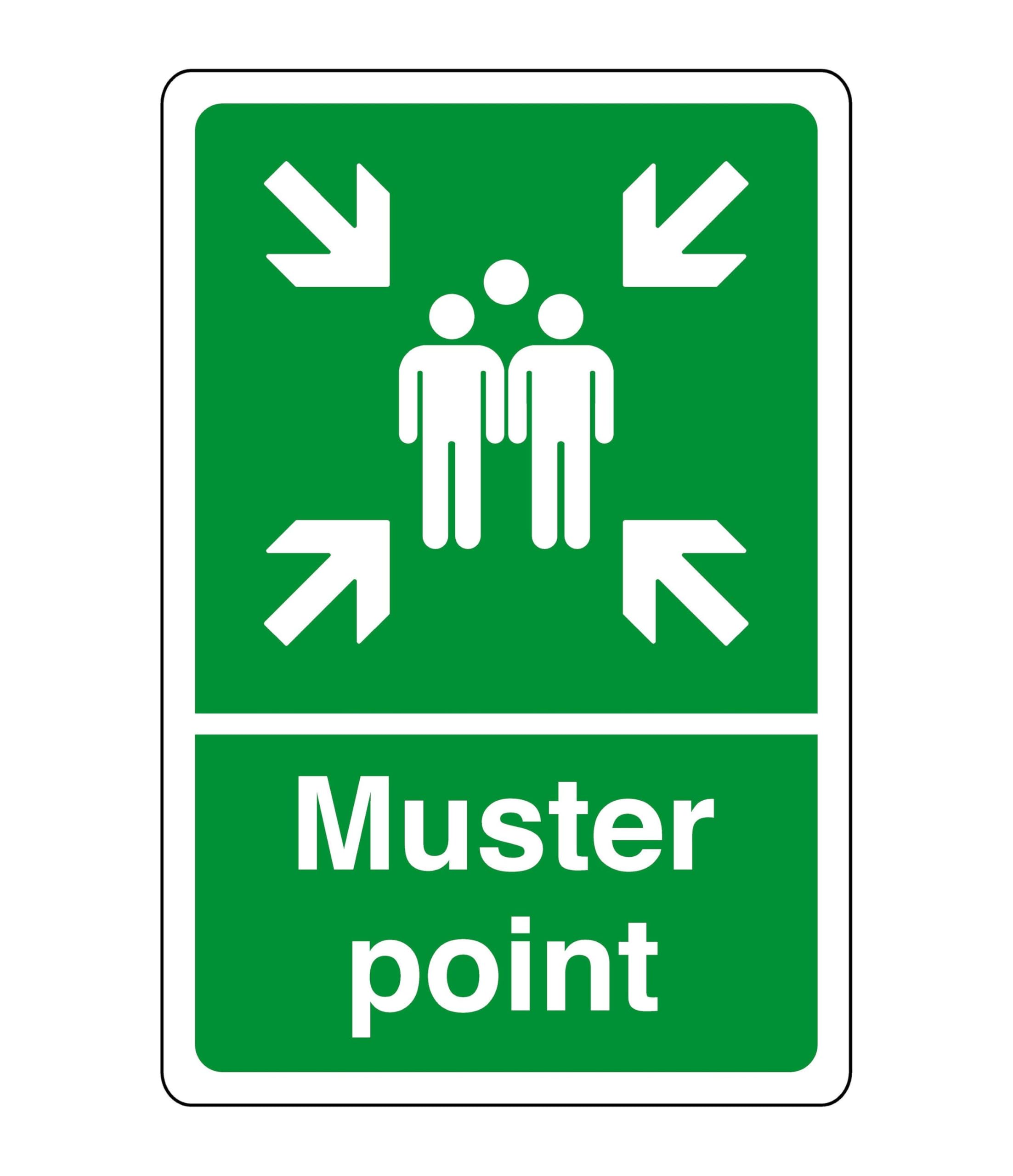 Safety First Display Ltd Green/White Muster Point Sign - Safety Sign - Business Signs, Carpark Safety Signs - High Tack Self-Adhesive Sticker (400Mm X 300Mm) Viewing Distance Within 14M.