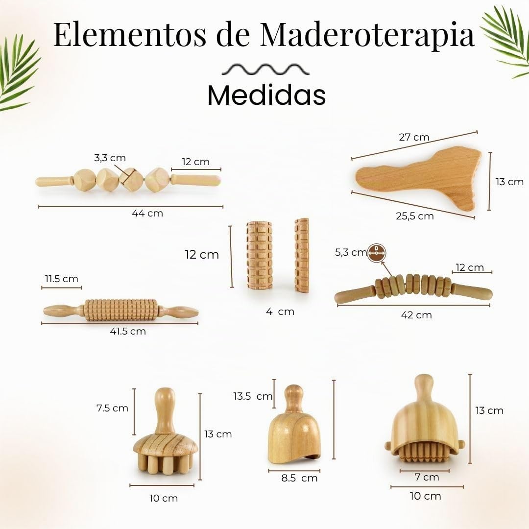 Pack Maderoterapia Corporal y Anticelulítico 11 Piezas | Ideal para Masajes | Fabricados en Madera de Pino y Loto Natural I Diseñados por Maderoterapia Estética España