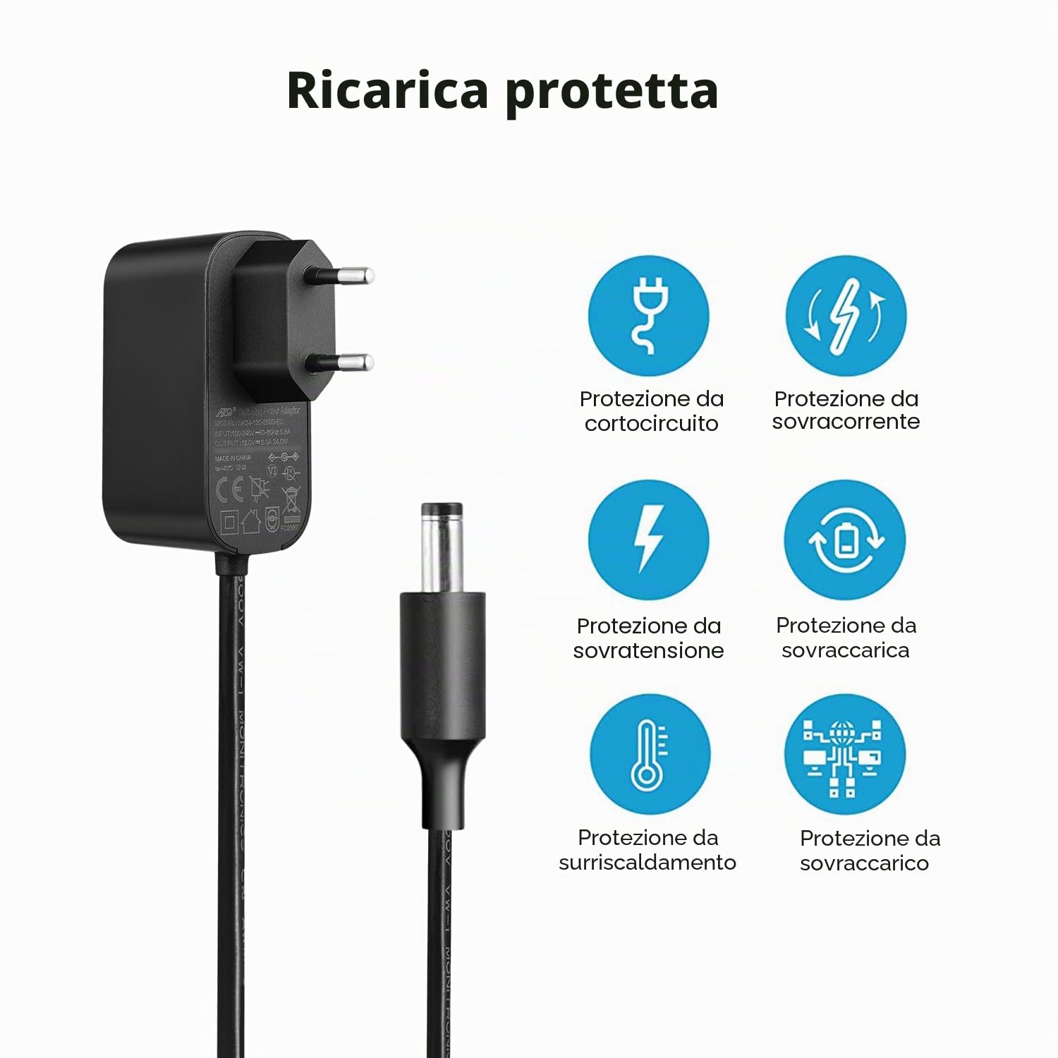 Lonnky Adattatore 12V 2A con Cavo da 1,8 M, AC 100-240V a DC 12V, Connettore Universale 2,1 mm x 5,5 mm per LCD, Router e Telecamere di Sorveglianza