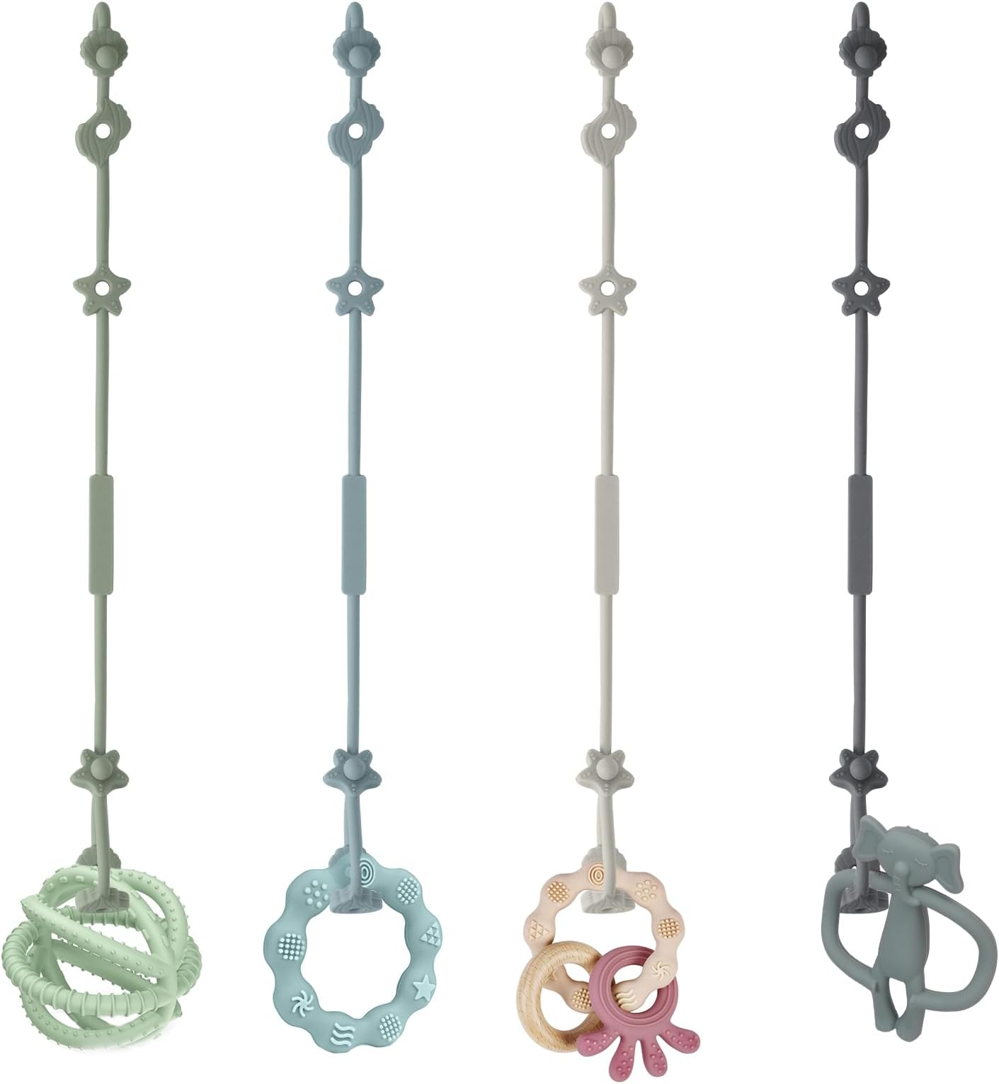 Vicloon Silicone Toy Clip, 4Pcs Toy Safety Straps, Food Grade Silicone Pacifier Clips Sippy Cup Strap, Adjustable Stroller Pacifier Strap Hanging Toys, Anti Drop Chain for 18+ Month(Blue/Green)