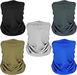MOWPOG 5 Pack Neck Gaiters: UV Sun Protection, Breathable Dustproof Face Covers for Men Women Outdoor Sports Hiking Cycling