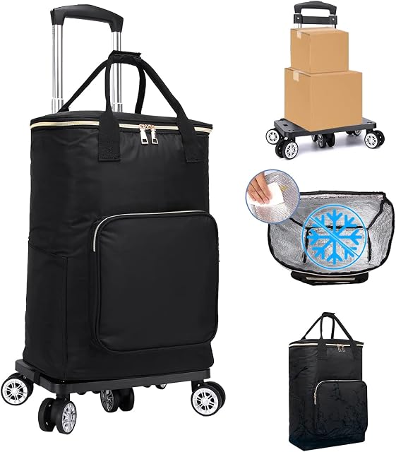 OLYSPM Shopping trolley Folding trolley,Shopping Trolley on Wheels with Tinfoil Insulation Shopping Bag,27 L 2 in 1 Lightweight trolley- 5 Noiseless Wheels