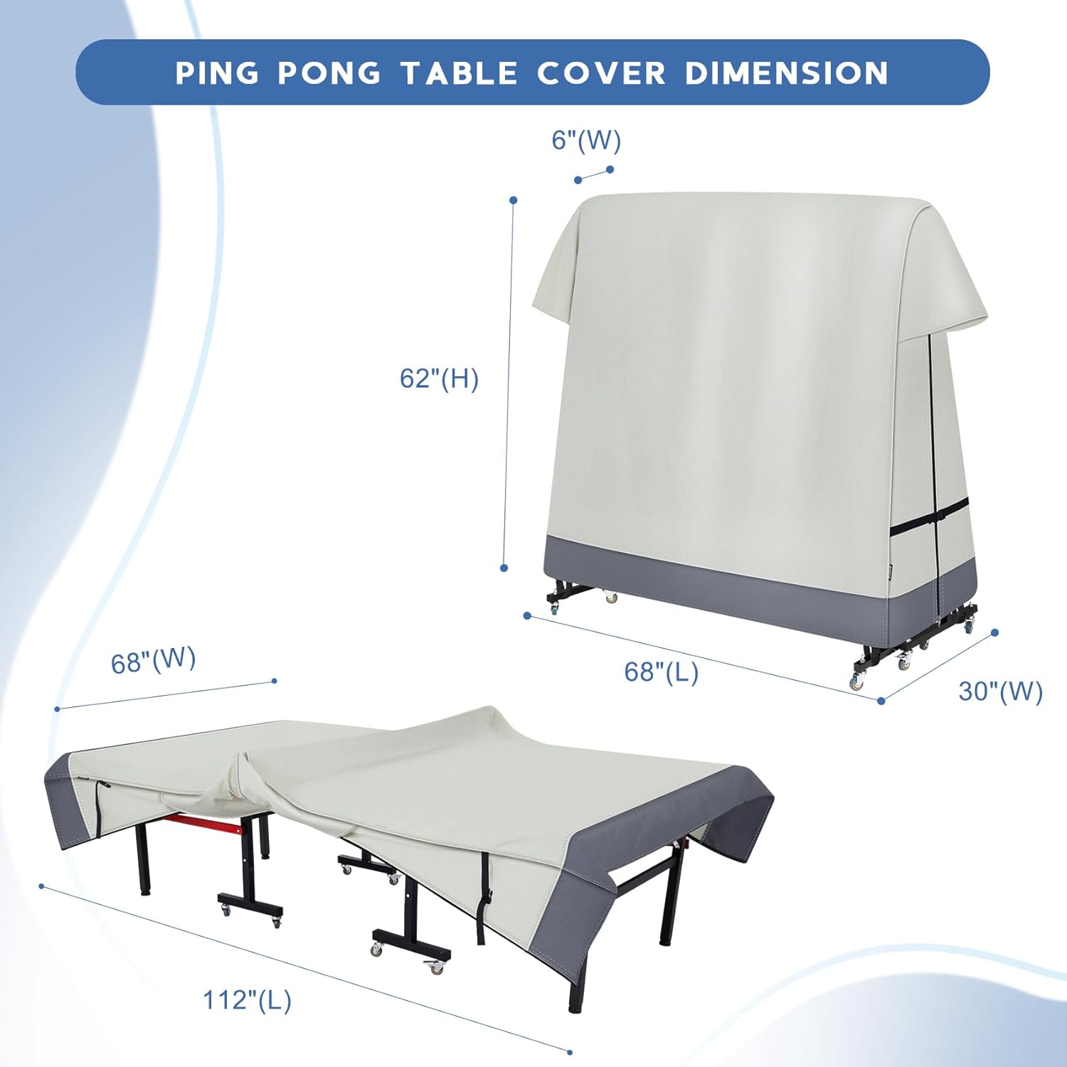 Ping Pong Table Cover Outdoor Waterproof, Dual Function Table Tennis Cover Fits Both Folding Tables and Flat Tables Indoor & Outside 68"L x 6"/30"W x 62"H