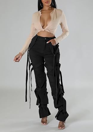 LETSVDO Women's Sexy Stacked Flare Pants High Waist Bandage Fringe Skinny Bell Bottom Jeans Y2k Lace Up Sweatpants