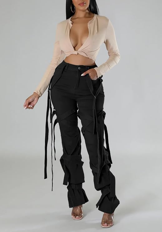 LETSVDO Women's Sexy Stacked Flare Pants High Waist Bandage Fringe Skinny Bell Bottom Jeans Y2k Lace Up Sweatpants
