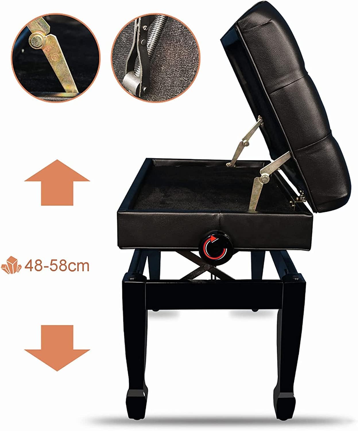 Ława do pianina ze schowkami, rama z litego drewna, nośność do 200 kg, 60 x 40 x 48-58 cm, regulowana wysokość