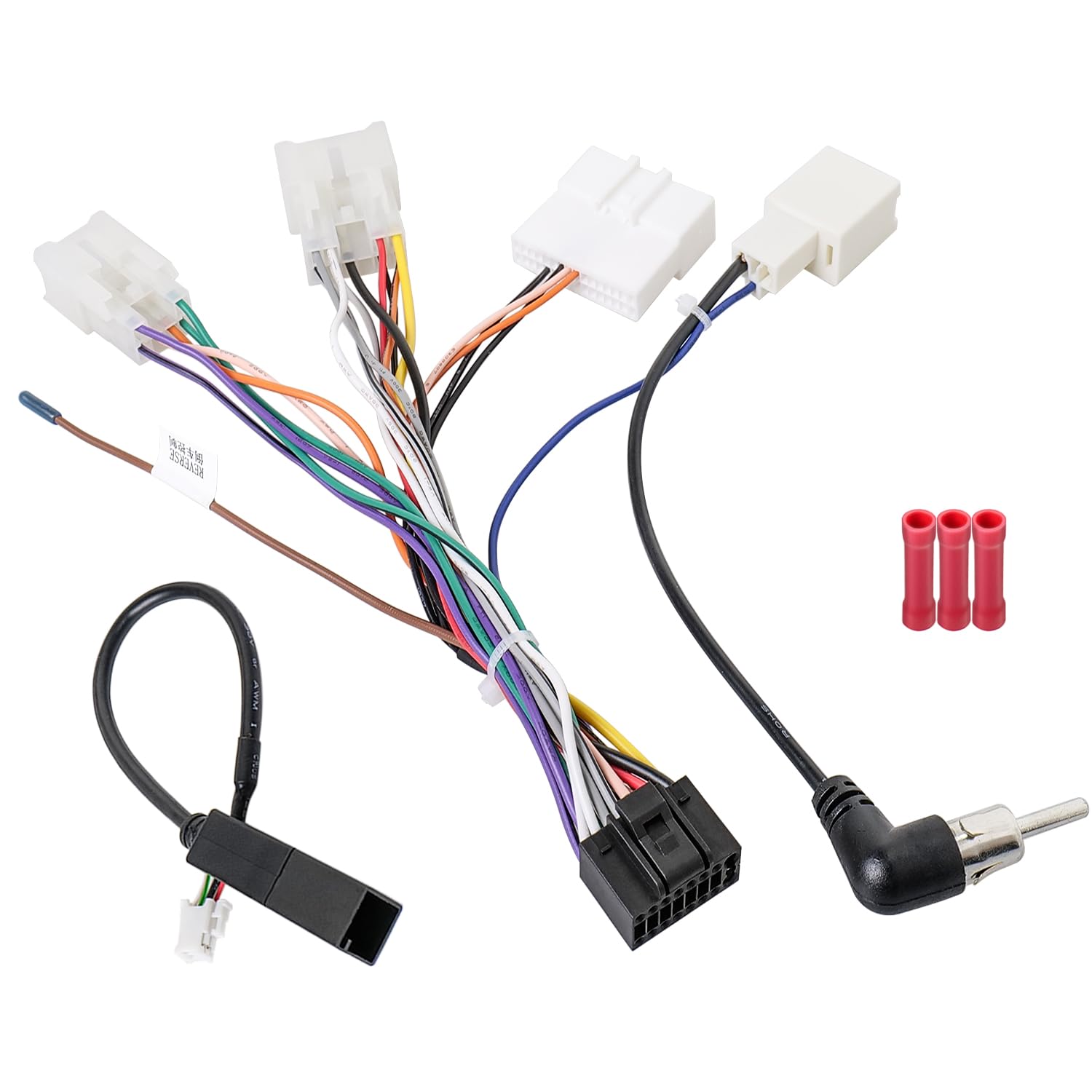 Image showing all components of the Zenoruslky Stereo Wiring Harness Kit, including the main harness, USB cable, antenna adapter, and butt connectors.
