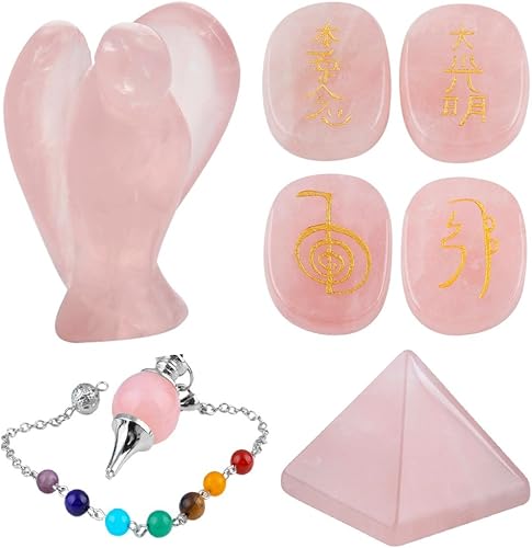 rockcloud kit de cristal curativo, con mucho ángel de la guarda, juego de meditación con 7 piedras de palma para chakra, péndulo, pirámide