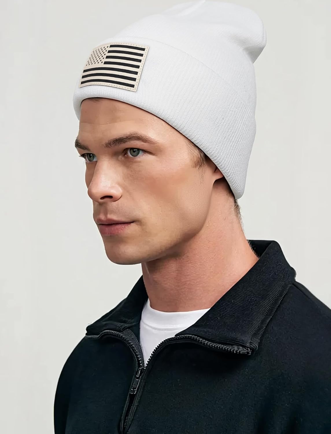 American Flag Beanie for Men Women - Leather USA Flag Patch, Cuffed Beanie for Tactical Winter Warm Hat - Image 5