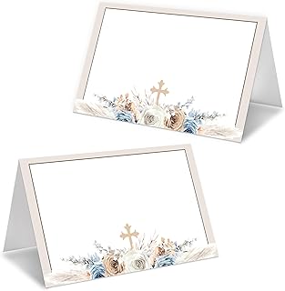 Baptism Place Cards, Boho Floral Religious Name Card For Table Setting, Table Tent Cards For Christening Ceremony, First Holy Communion Name Cards, Set Of 25, Notched For Easy Folding-07