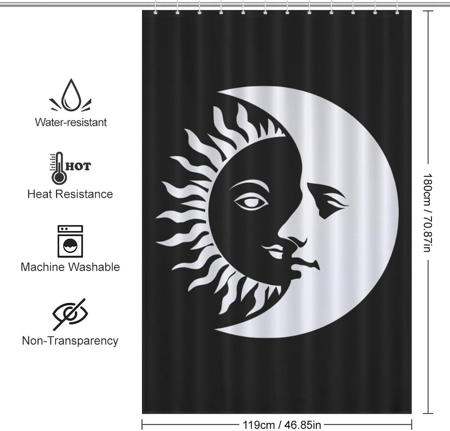 Black Sun and Moon Shower Curtain 46.85x70.87Inch（119x180cm） Polyester Bath Curtain Shower Curtains Printed Decorative