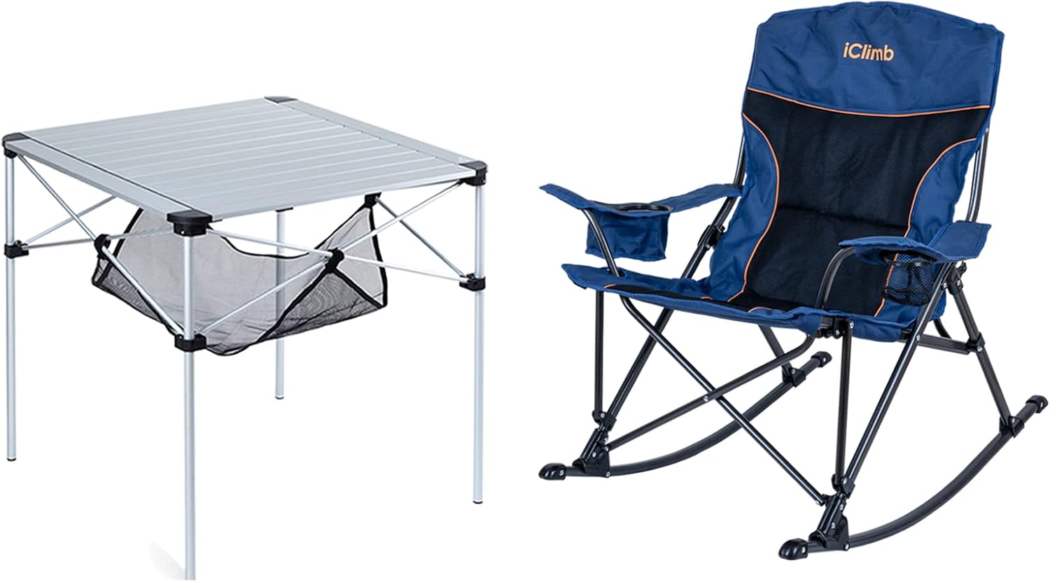 iClimb 1 Folding Square Table and 1 Padded Rocking Folding Chair Buddle for Two Person Camping Patio Porch Backyard Lawn Garden Balcony Indoor Outdoor