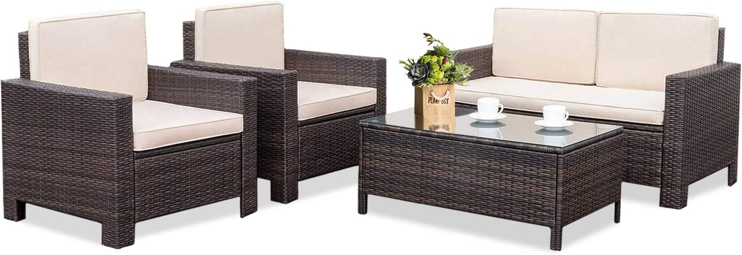 Outdoor Patio Furniture Set, 4pcs Rattan Wicker Sofa Garden Conversation Set Cushioned with Coffee Table For Yard