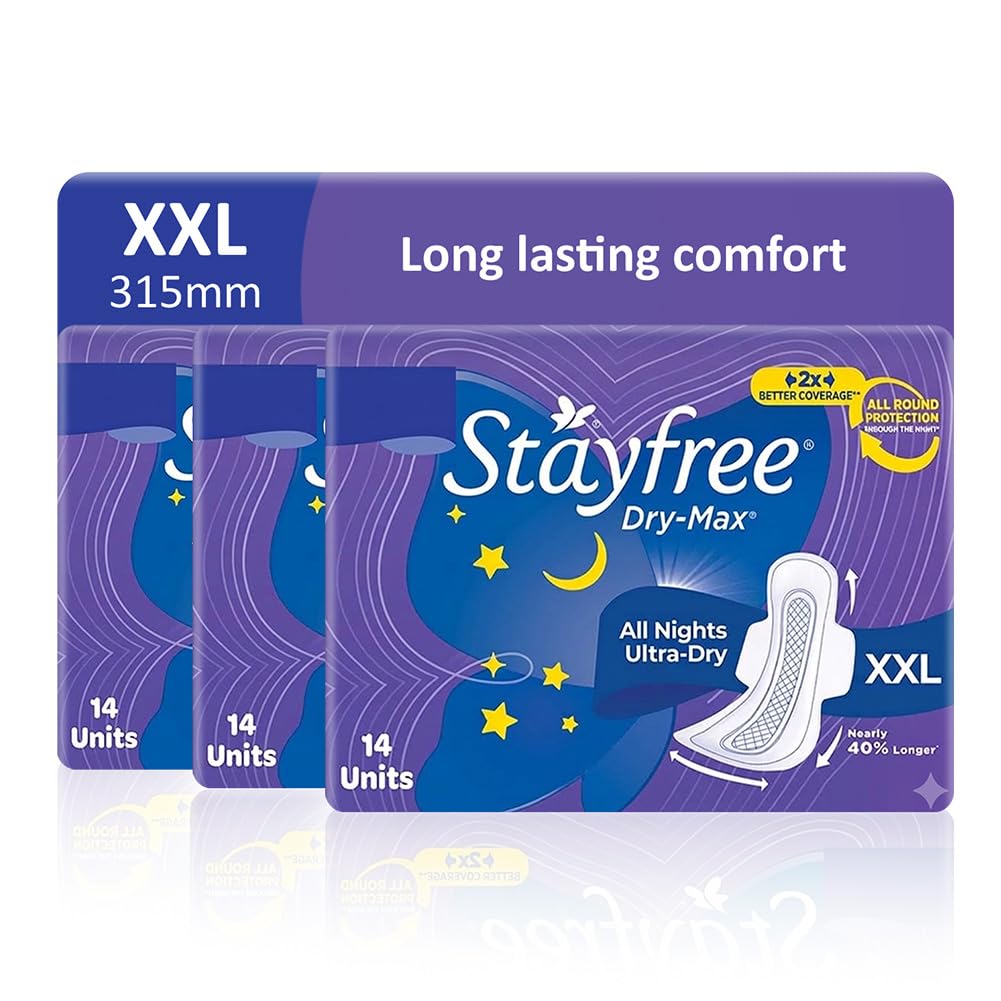 Stayfree Dry Max All Night Sanitary Pads – 42 Pads (Pack of 3 × 14) | Ultra‑Absorbent Overnight Protection | Extra Long | Comfortable Fit | Leak‑Lock Technology