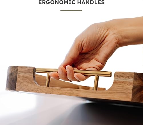 Miniatura 7 de UPPER Bandeja otomana de 17 x 13 pulgadas, bandeja de madera de acacia con asas, bandeja decorativa para servir con asas, bandeja de madera para