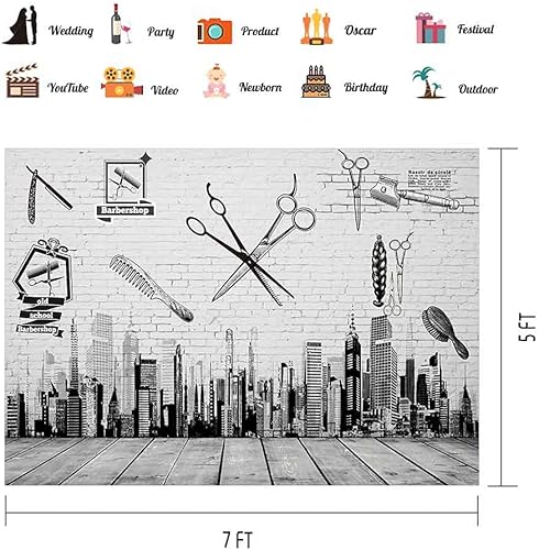 Miniatura 2 de Herramientas de barbería telón de fondo, peine de corte de pelo, edificios de gran altura, pintura de pared, madera de piso, pancarta de mesa de
