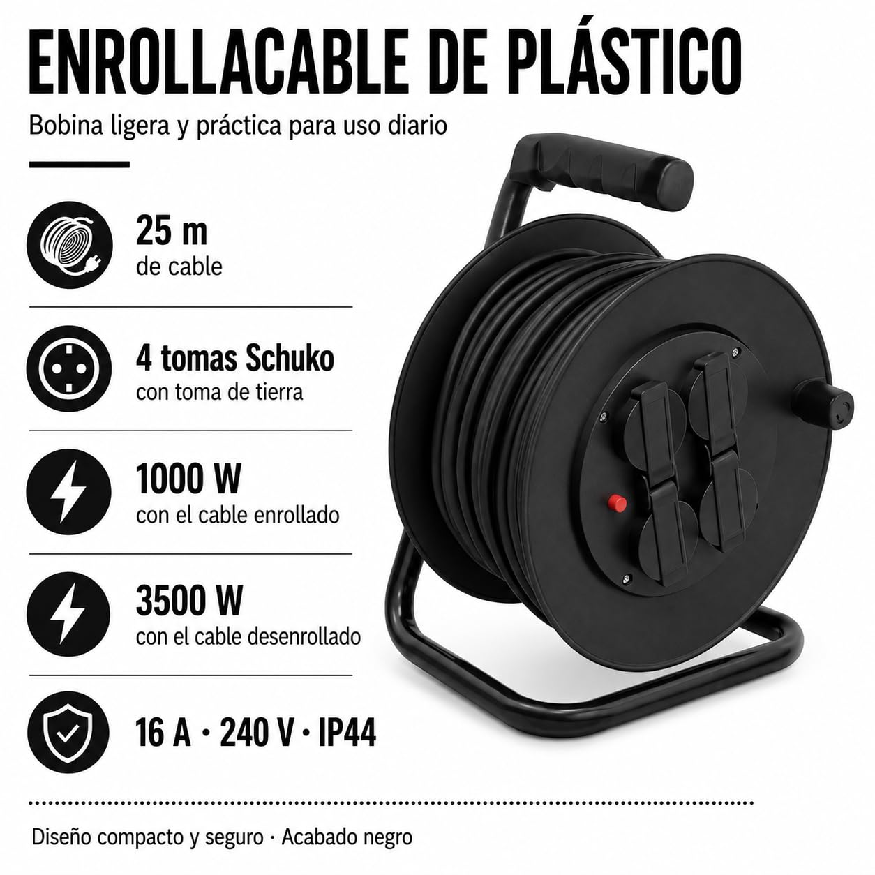 Enrollacables plástico con protector IP44 25m 3x1,5mm Negro - Silver Electronics