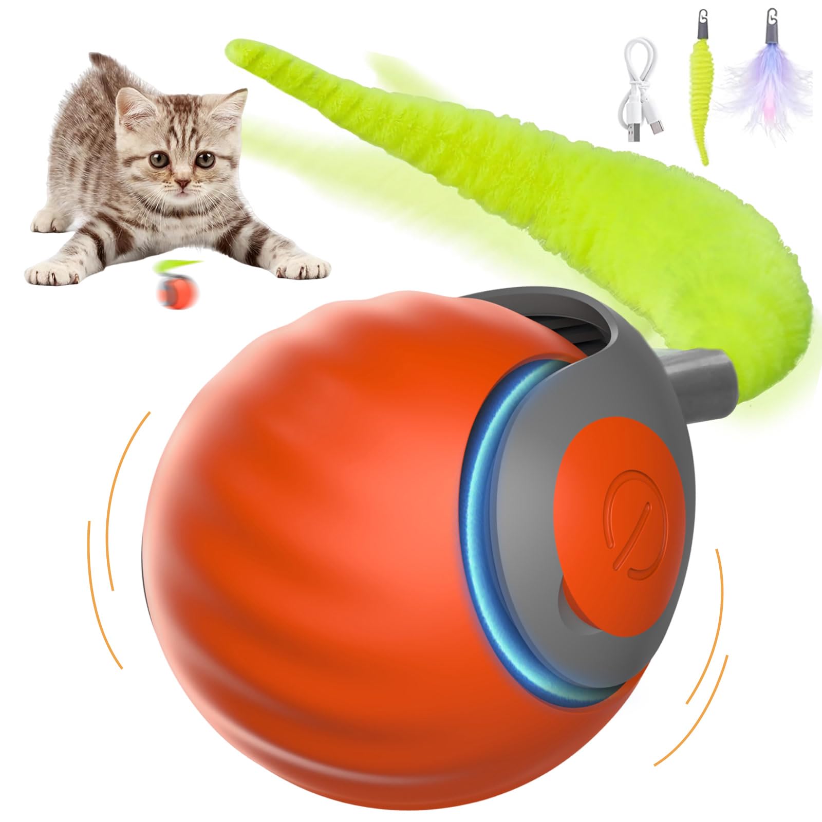 NONENDU Interactive Cat Toys for Indoor Cats, Automatic Speedy Moving Cat Toy Turbo Ball with Tail 3.0 for Bored Indoor Adult Cats, Rechargeable Chase Motion Activated Kitten Toys - Orange-image-30
