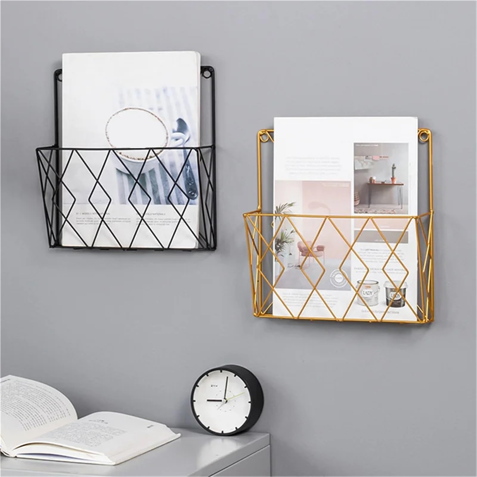 Porta riviste in metallo montato a parete for giornali, for libri, uffici domestici, cartelle di file, espositore da tavolo Per Casa(Gold)