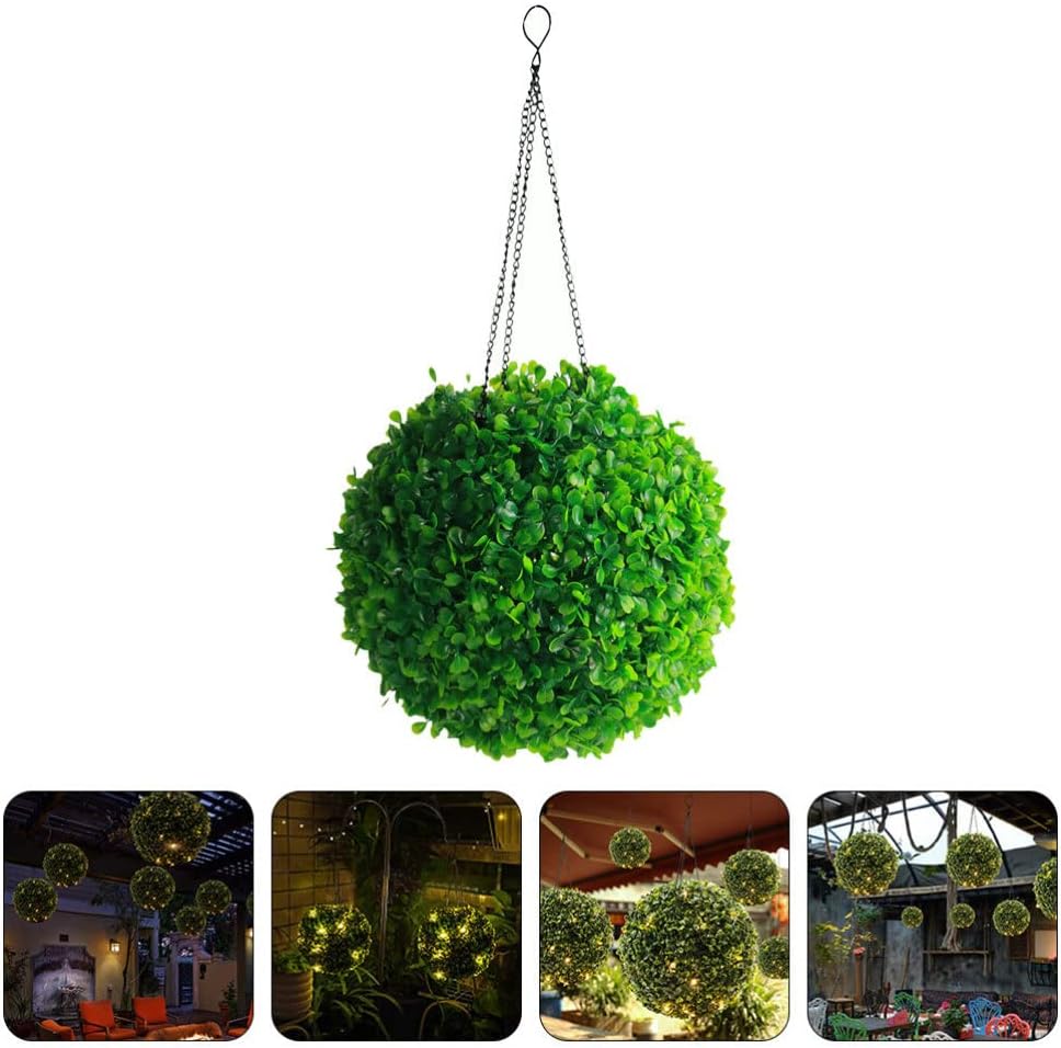 Yardwe Flower Grass Ball Chandelier Eucalyptus Grass Ball Faux Boxwood Ball Topiary Ball Light Hanging Artificial Leaf Solar Hanging Light Fake Iron The Flowers