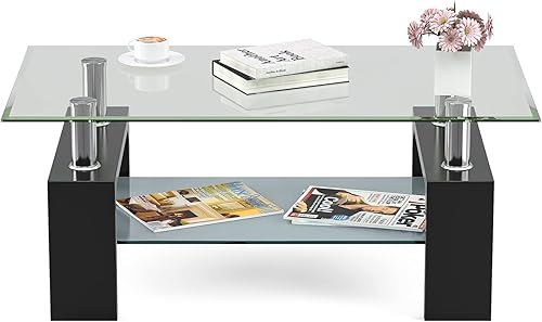 Mesa auxiliar rectangular de cristal con patas de tubo de metal mesa auxiliar de 2 niveles mesa auxiliar moderna para sala de estar color negro disponible en Yaxa Colombia