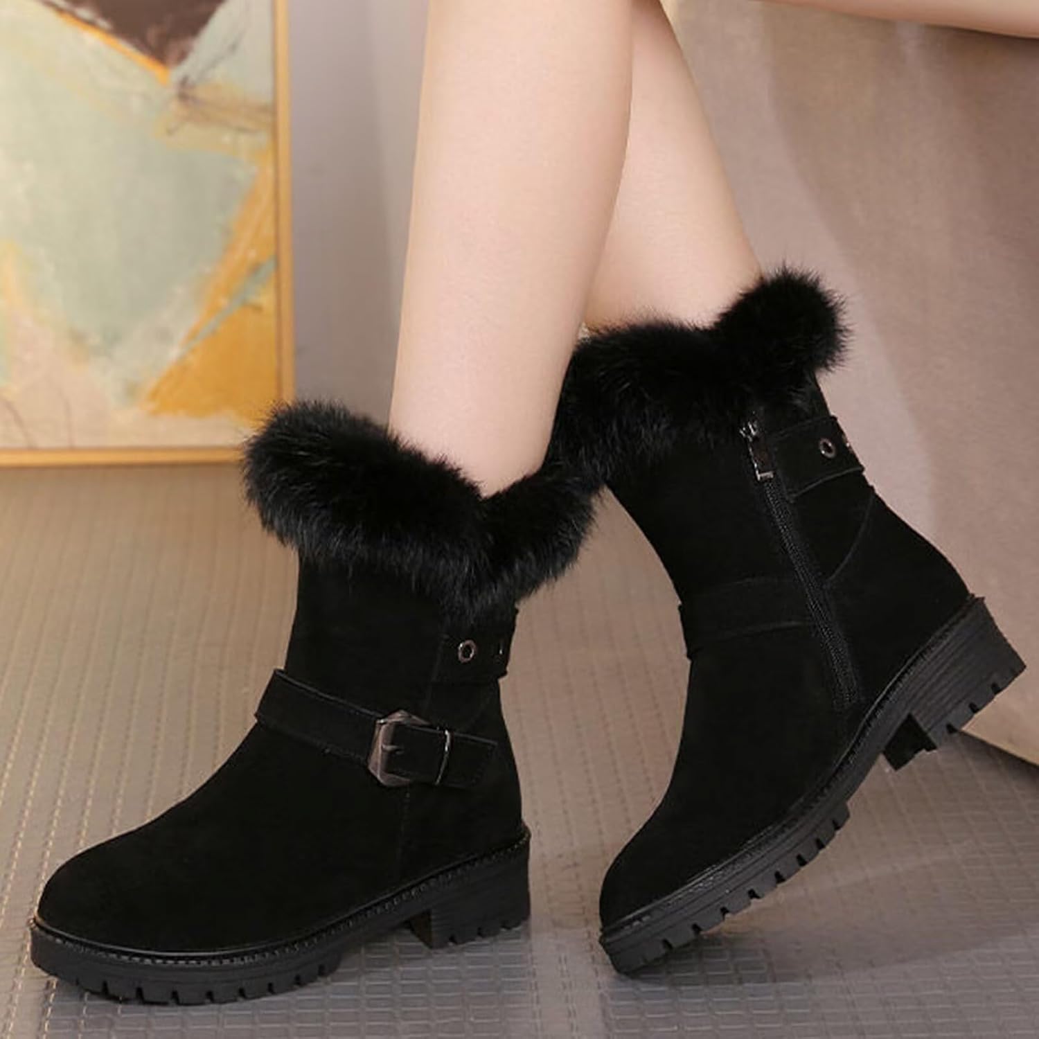 Agodor Women Snow Boots,Winter Shoes,Warm Faux Fur Round Toe Low Heels Side Zipper Outdoor Non-Slip Short Booties