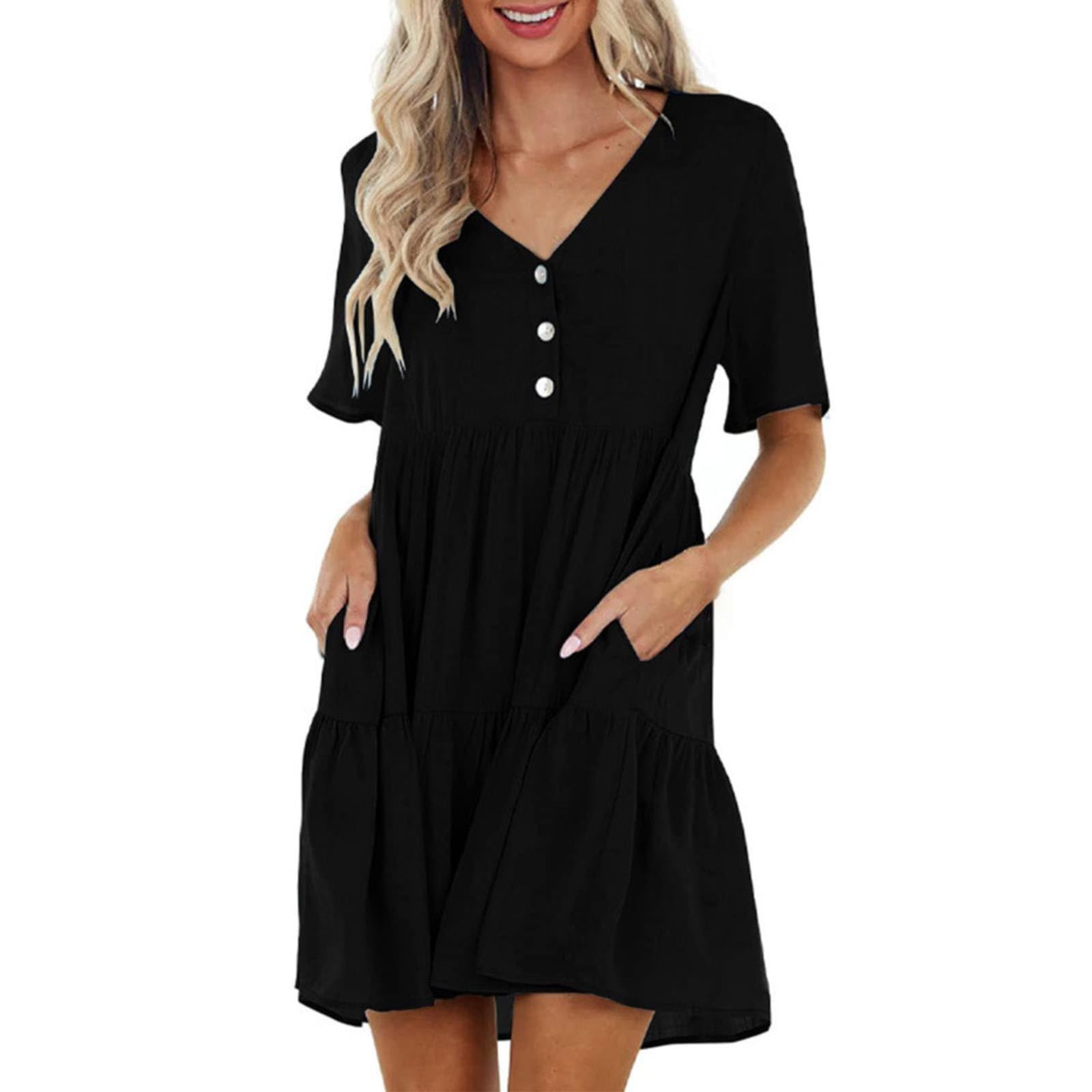 Loose Solid Color V Neck Cotton Midi Skirt Temperament Work Pullover Casual Dress High Waist Sporty Dresses for Women