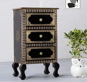 APRODZ Wooden Brass Fitted Antique Side Table with Drawer Storage for Living Room (Multicolor)
