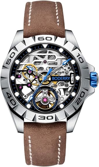 Boderry Original Urban Mens Stainless Steel Skeleton Watch Fashion Automatic Mechanical Luminous Wrist Watch with Rubber/Leather Strap 72H Power Reserve
