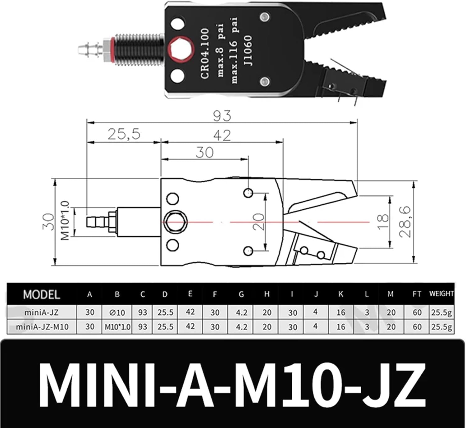 MINIA/C/B/E/F with Sensor Air Cylinder Robotic Pneumatic Mini Robot Gripper Clamp for Injection Molding Machine(MINI-A-M10JZ)