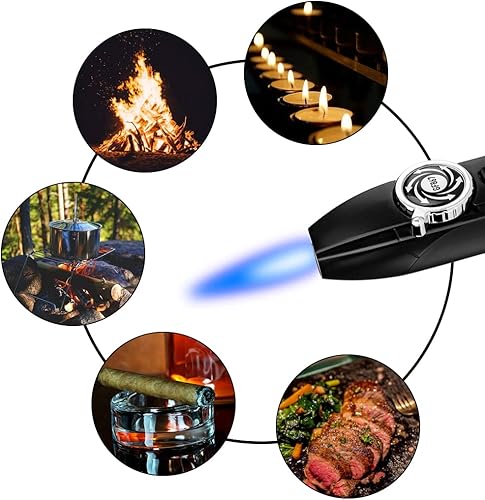 Miniatura 6 de Encendedores rectos a prueba de viento con bloqueo de seguridad y ventana visible, llama azul para cocinar velas, parrilla de campamento al aire