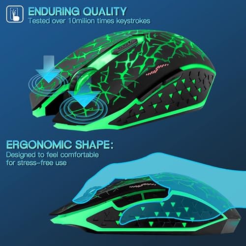 Vegcoo C12 Rechargeable Wireless Gaming Mouse Mice Silent Click Cordless Mouse 7 Smart Buttons Pc Gaming Mouse Mice Advanced Technology With 2.4Ghz Up To 2400Dpi (Green Mouse) #TOP2