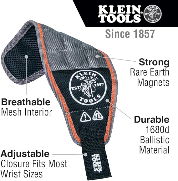 Klein Tools 55895 Magnetic Wristband, Tradesman Pro Tool Wristband Holds Wire Connectors, Screws, Nails, Drill Bits, With Breathable Mesh