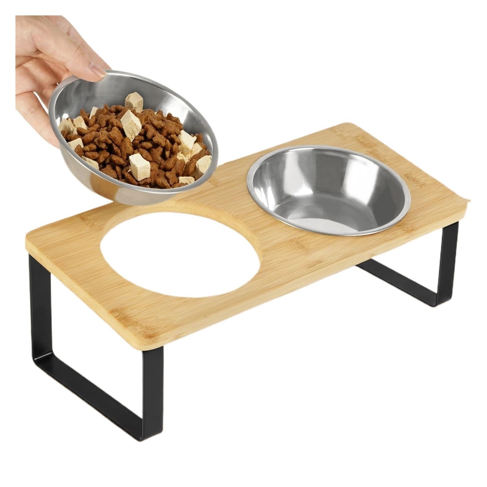 Gamelle surélevée pour chat avec support en bois et 2 bols inox