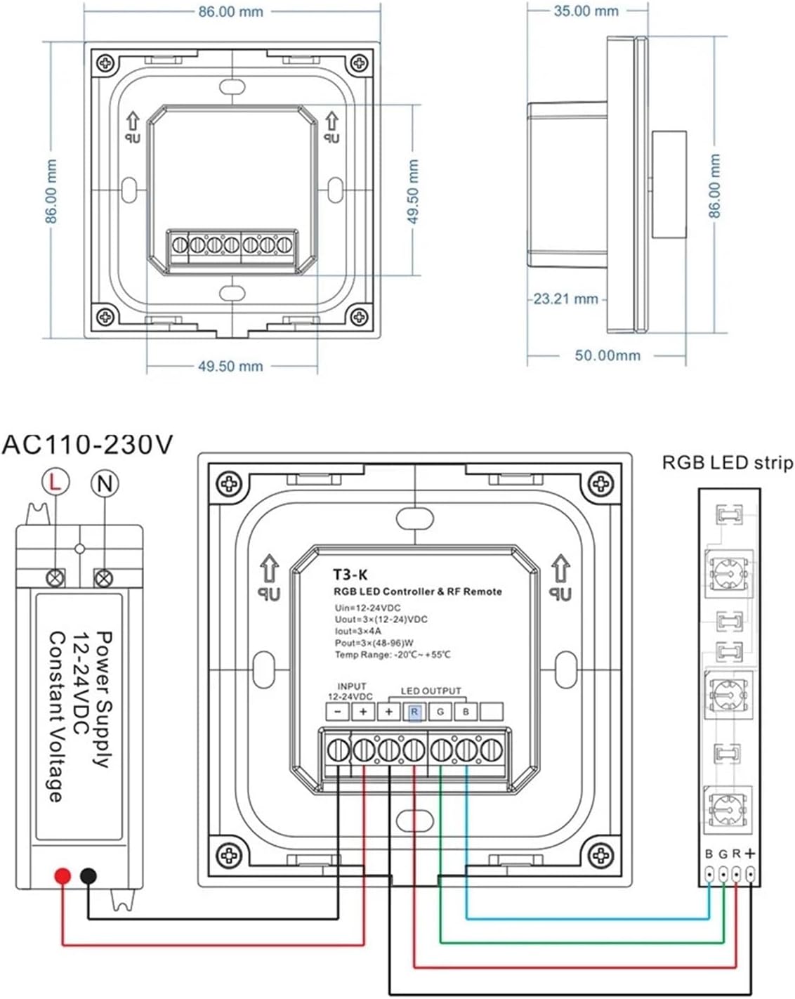 1PCS DC12-24V T3-K 4A*3CH Constant Voltage Wall-Mounted 86-knob Control Panel Rotating Remote Control dimming Controller(T3-K-B)