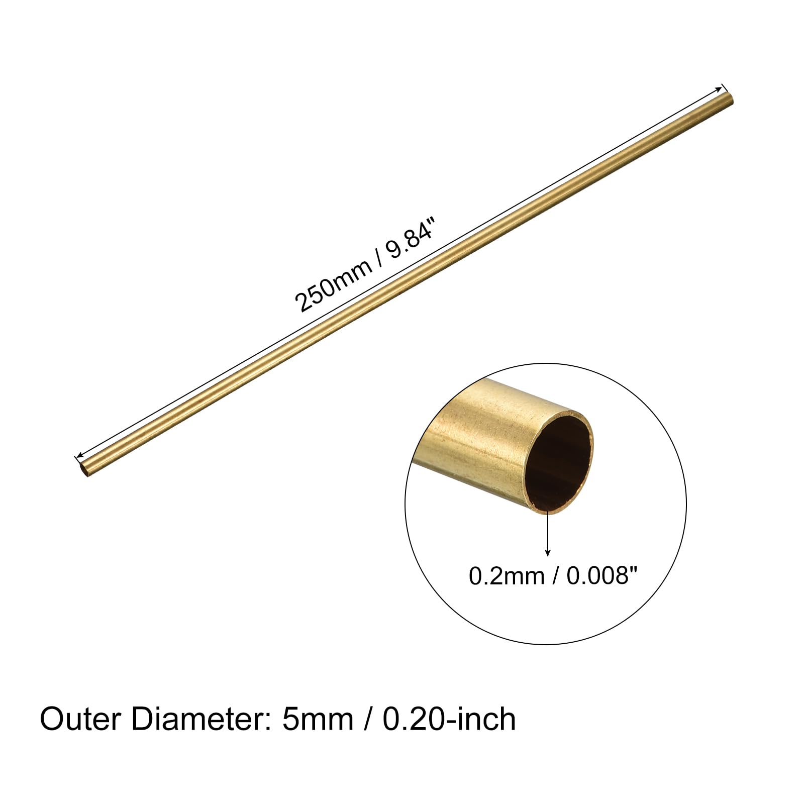 QUARKZMAN Mosiężna rura 5 mm OD 0,2 mm grubość ściany 250 mm długość okrągła węże rurowe do przemysłu, projektów rękodzielniczych, 3 szt