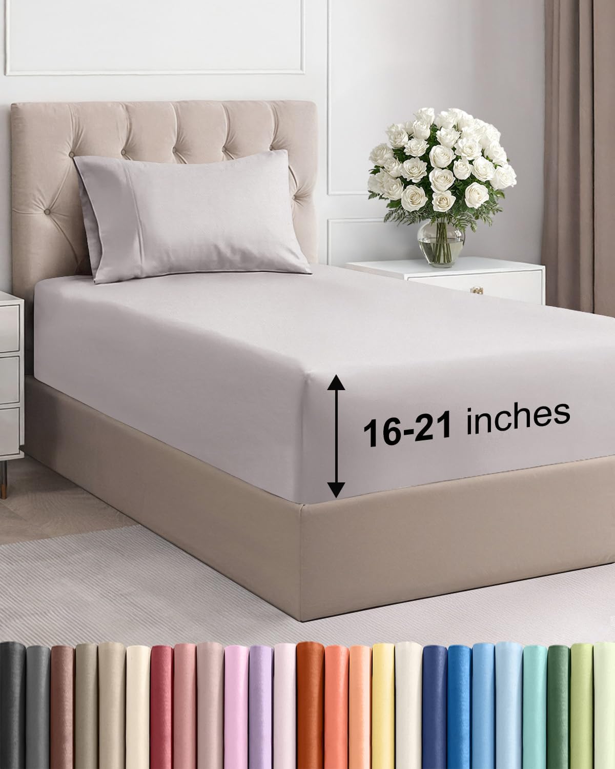 Extra Deep Pocket Twin Size Sheet Set - 3 Piece Breathable & Cooling Bed Sheets - Hotel Luxury Bedding with 16 to 21 inch Extra Deep Pockets - Soft, Fade and Wrinkle Resistant - Oeko-Tex - Light Grey