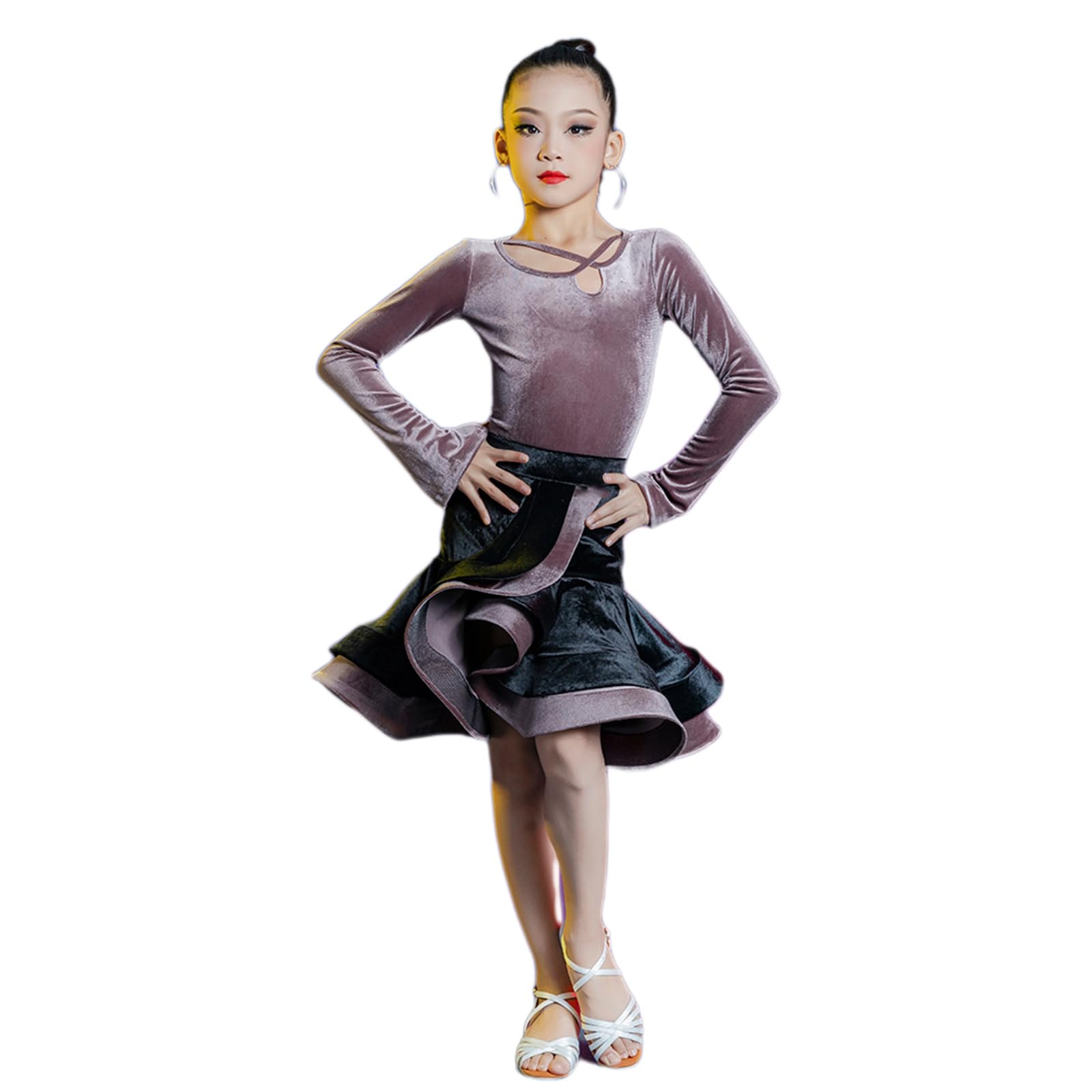 Sukienka do Tańca Latynoamerykańskiego Velvet Girl, Sukienka Konkursowa Z Długim Rękawem, Rozcięta, do Samby, Tanga, Rumby, Cha-Cha, Eleganckiej Liryki (150 cm)