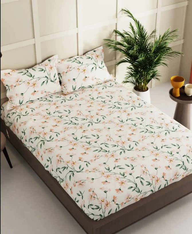 Image of Cotton King Size Elastic Fitted Double Bedsheet (72x78x6 in) with 2 Pillow Covers (Cream Flower)
