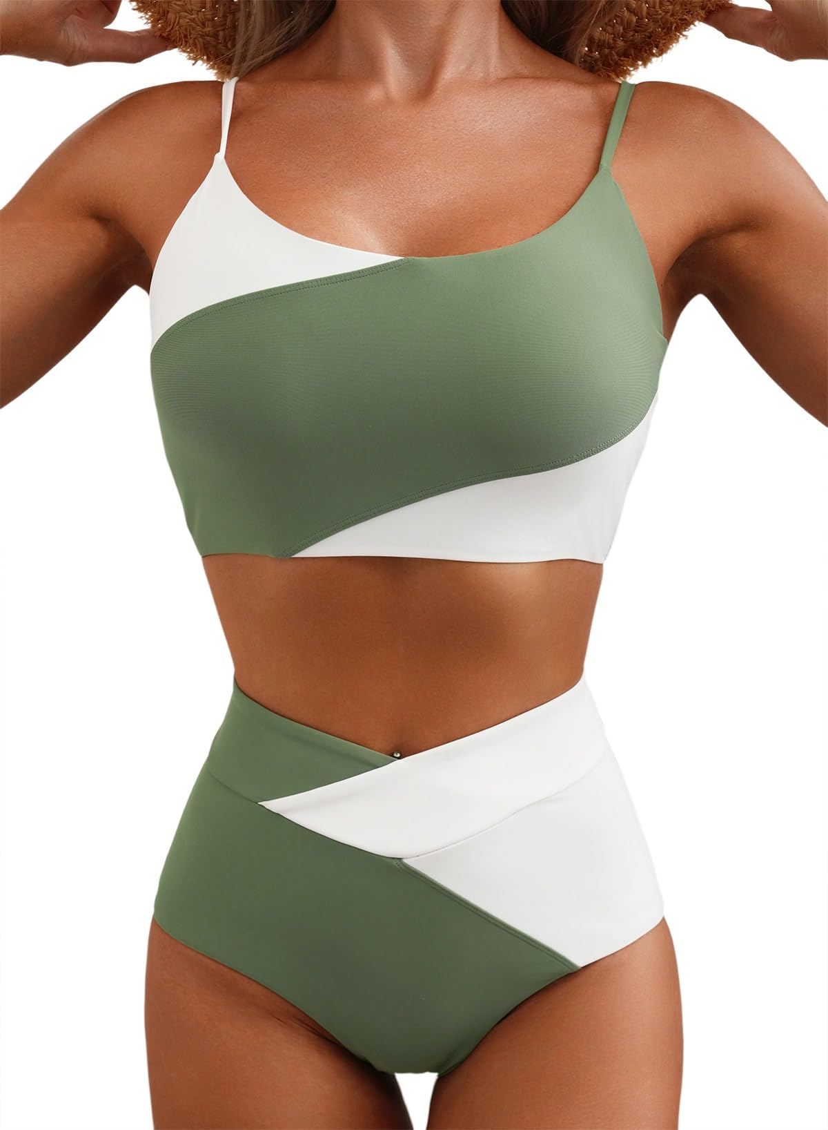 Herseas Women 2 Piece High Waisted Bikini Sets Color Block Popular Swimsuit 2026 Summer Beach Best Bathing Suits