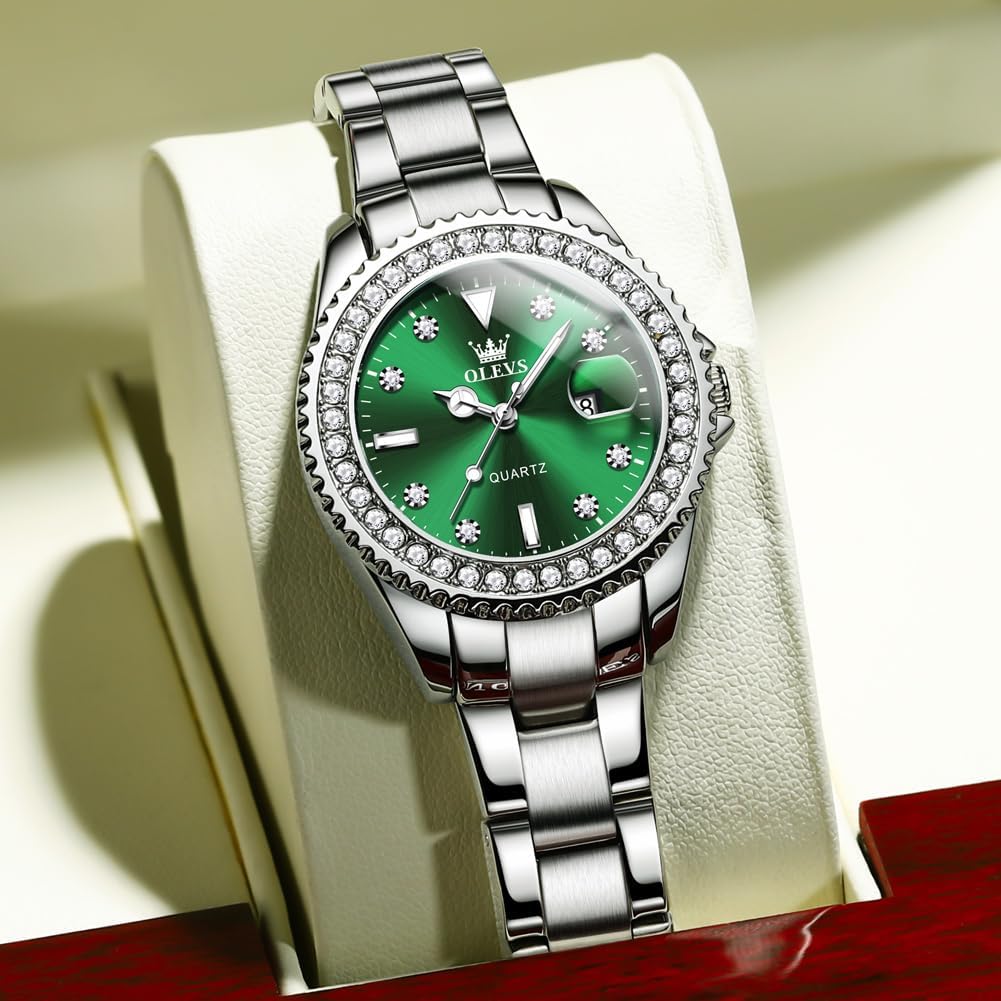 OLEVS Watches for Women Diamond with Date Luxury Leather Female Waterproof Women Wrist Watch Analog Dress Stainless Steel Ladies Watch Luminous Calendar Women Watch Green/Blue/Purple Dial - Image 4