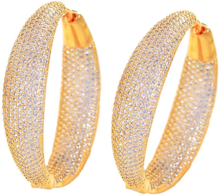 Cubic Zirconia Big Round Hoop Earrings, White Gold Plated Statement Dangle, 532pcs Clear CZ Crystal Paved, Wedding Party Jewelry for Women