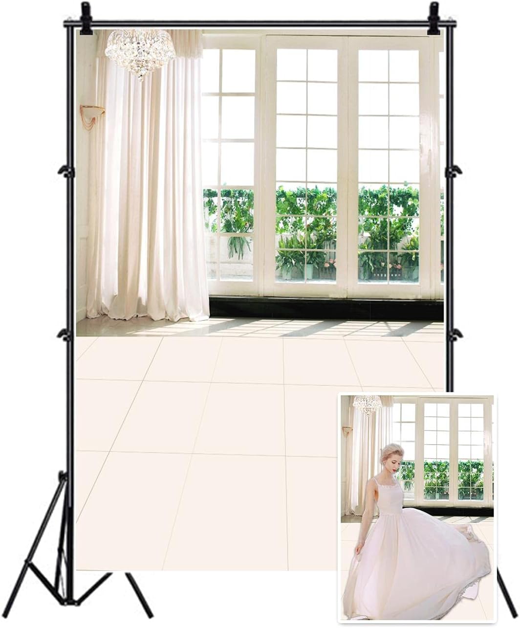 Aofoto 5x7フィート エレガントなカーテン背景 インテリア 窓 写真 背景 ウェディングルーム グリッド シック ドロップライト フロアタイル 恋人 女の子 女性 女性 母 ポートレート フォトスタジオ小道具 ビニール壁紙 B074wlp99b v バックペーパー 背景布