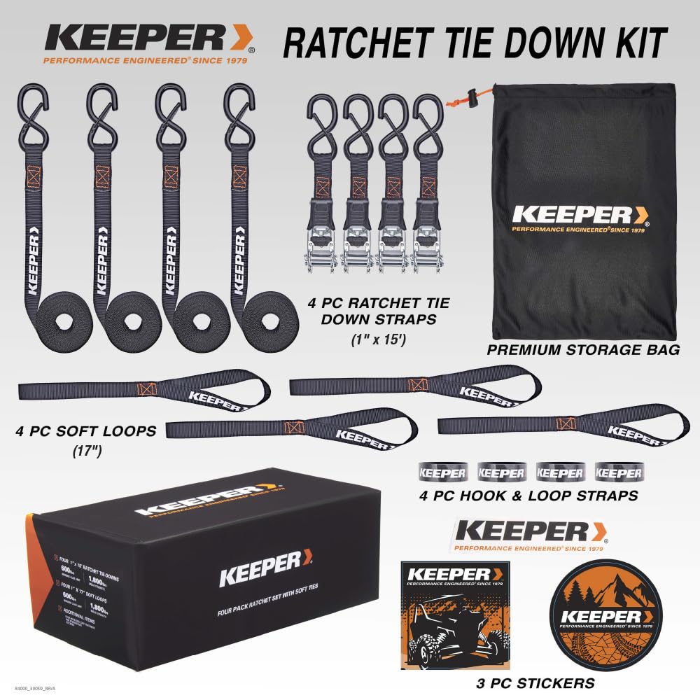 Keeper Zestaw mocujący z grzechotką (4 szt.) – 816 kg, maksymalna wytrzymałość na zerwanie, zawiera 4 paski mocujące premium 2,5 x 38 cm z wyściełanymi uchwytami, 4 miękkie opaski pętelkowe, 4 paski