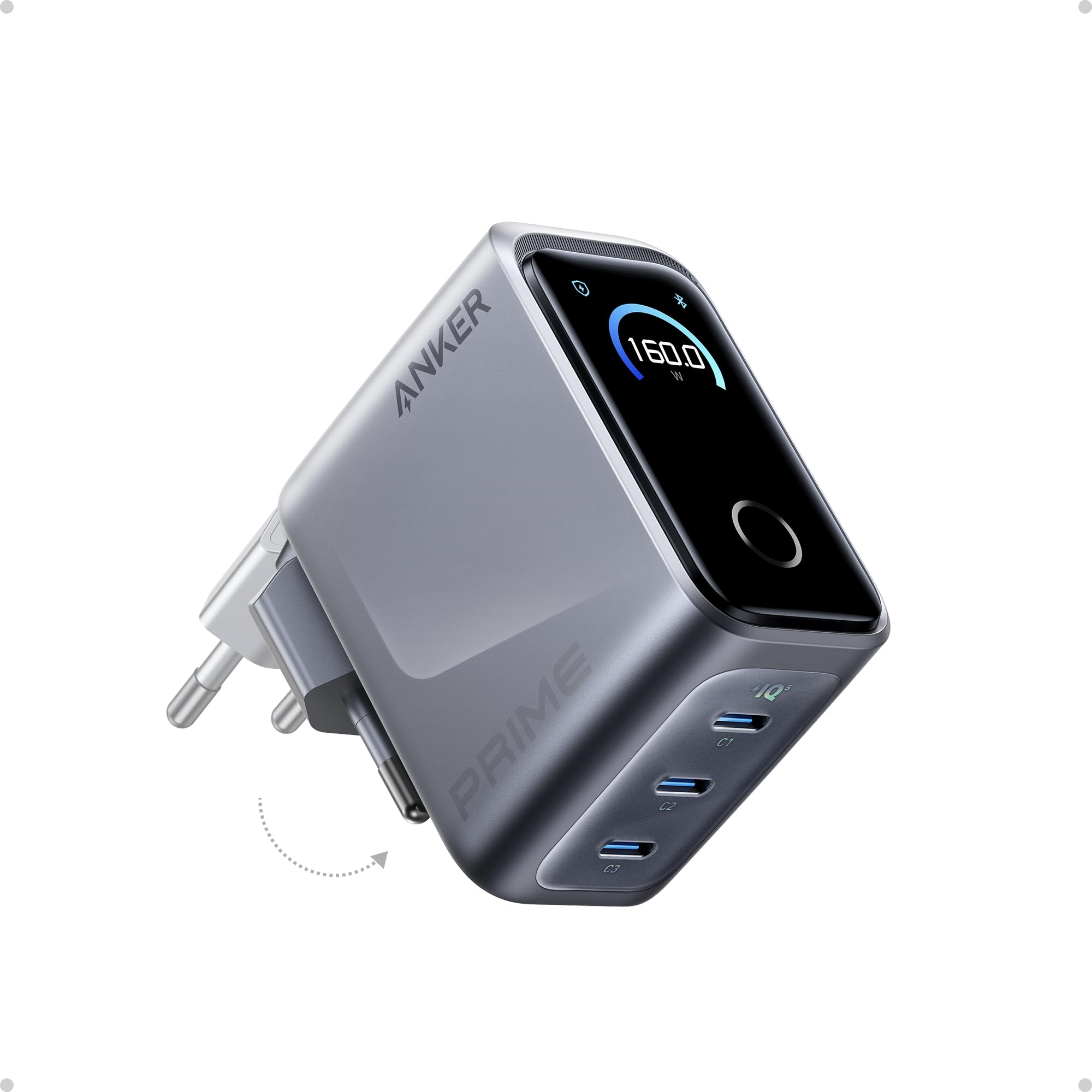 Anker Prime Chargeur USB C 160 W Compact 3 Ports, écran Intelligent et Contrôle Tactile, Mode UltraFast 140 W pour Ordinateurs Portables, MacBook, iPad, iPhone séries 17 16 15 et Plus