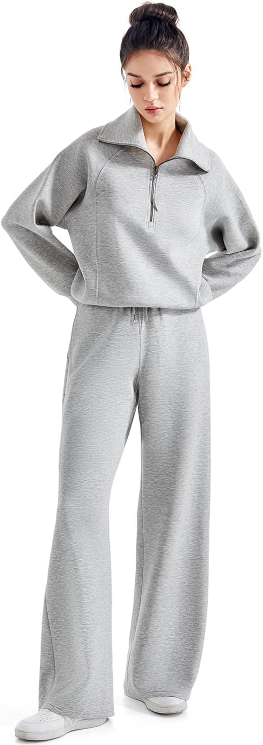 SUUKSESS Women 2 Piece Lounge Matching Set Wide Leg Sweatpant Half Zip Sweatshirt - Image 5