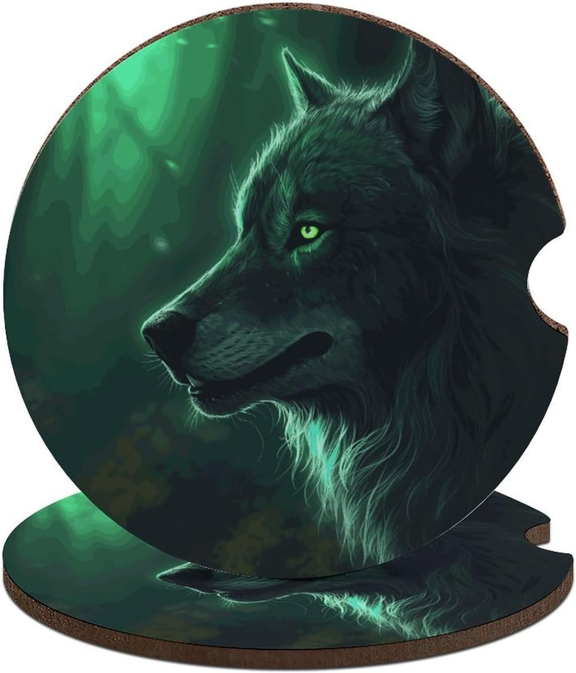 Green Wolf Car Coasters Cup Holder Insert Coaster, 2Pcs Absorbent Cork Bar Coasters, Heat Resistant Reusable Anti Slip Drink Coaster Car Decor Auto Accessories for Women