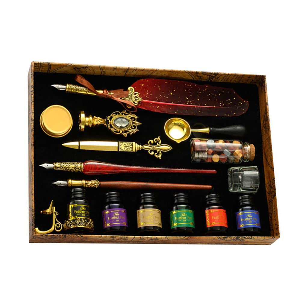 JAWSEU Stylo Dip à Plume Set, Plume Ecriture Stylo Calligraphie Plume à Encre Set avec 6pcs Encre, Stylo à Encre Rétro pour Signatures,Dessin,Ecriture,Décoration Et Cadeau