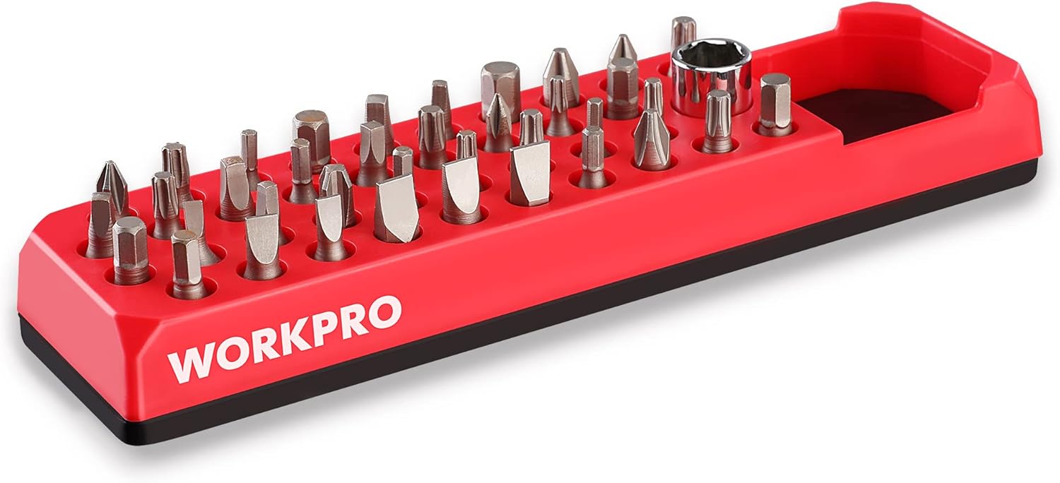WORKPRO Magnetic Hex Bit Organizer, 39 Hole Screwdriver Drill Bit Holder Tray with Strong Magnetic Base, Accessories Storage Grid, for 1/4 Inch Hex Bit & Drive Bit Adapter, Red (Bits Not Included)