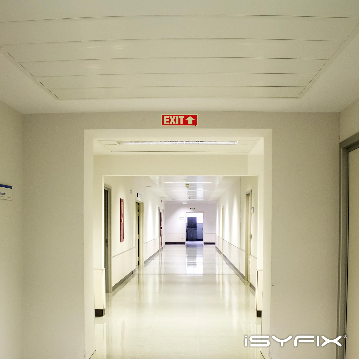 iSYFIX Señales de salida con flecha hacia arriba direccional, paquete de 12 unidades de 12 x 4 pulgadas que brillan en la oscuridad para negocios, escuela, oficina, almacén, poliestireno duradero de